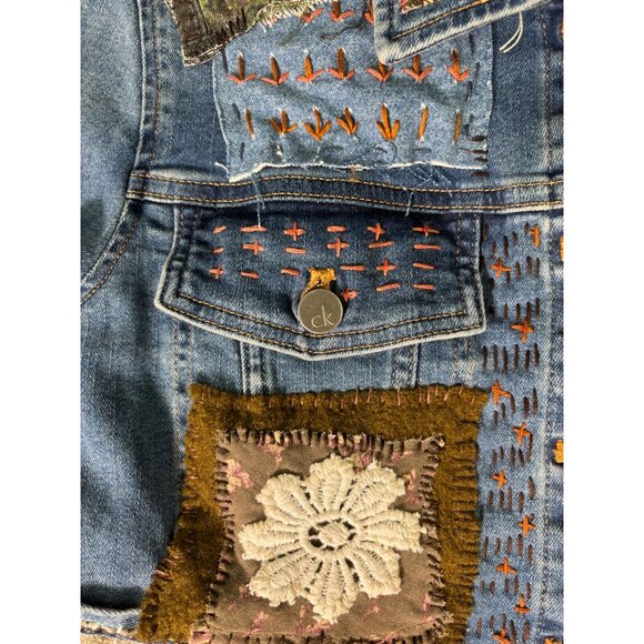 Calvin Klein Altered Hand Embroidered Upcycled Patched Denim Jacket - Picture 10 of 16